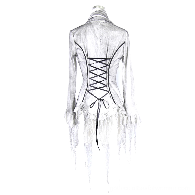 White gothic chiffon blouse back view on dress form with lace-up corset back and uneven tattered hem