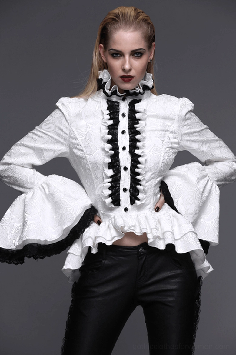 White gothic blouse detail shot emphasizing black lace accents, ruffled collar construction, and polyamide fabric quality
