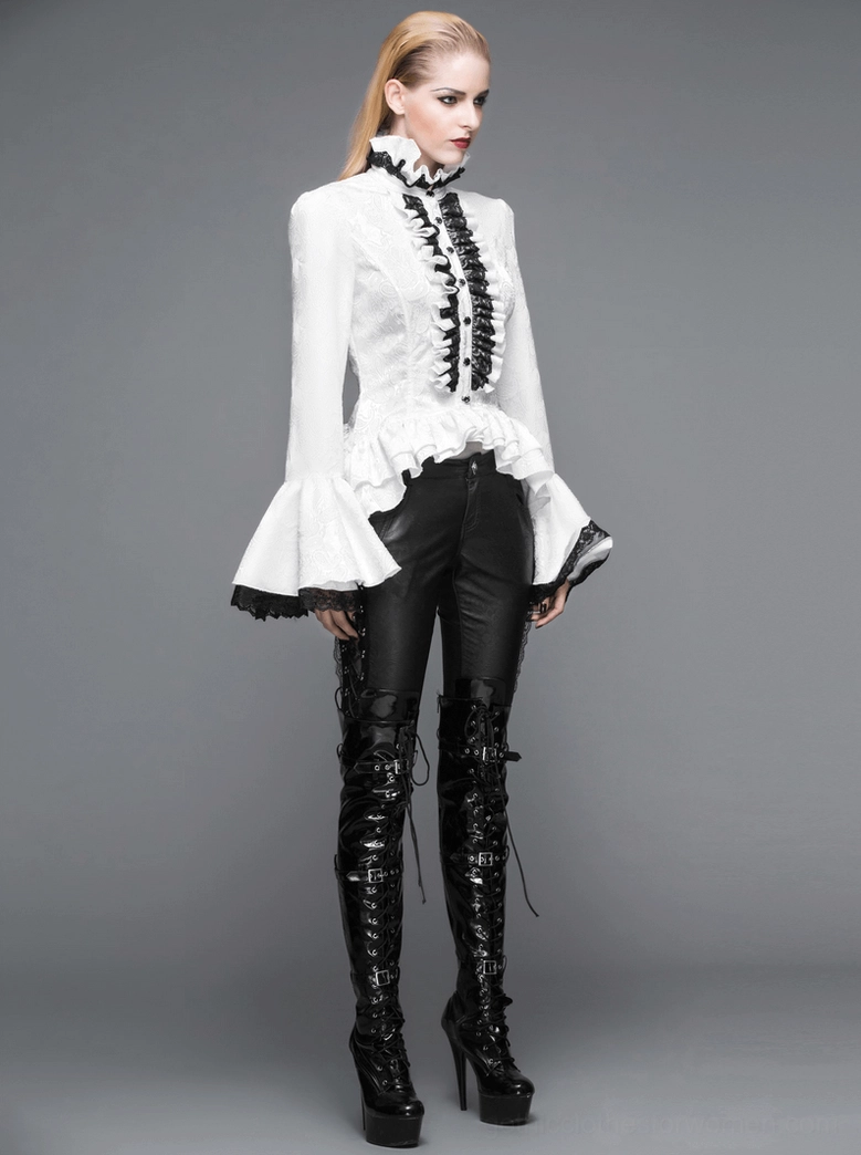 White gothic blouse flared sleeve detail with black lace trim showing fabric drape and romantic gothic silhouette on mannequin
