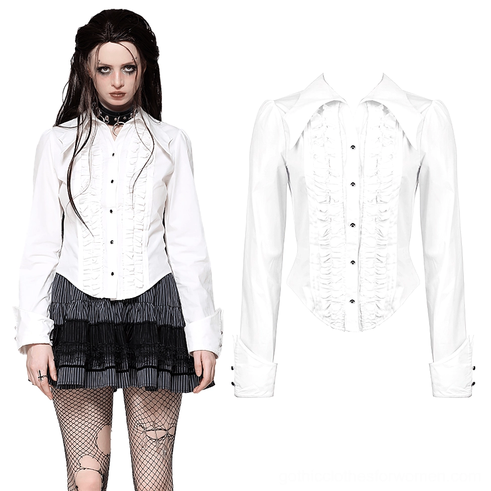 White gothic ruffled blouse front view with flat lay showing pointed collar and curved hem details