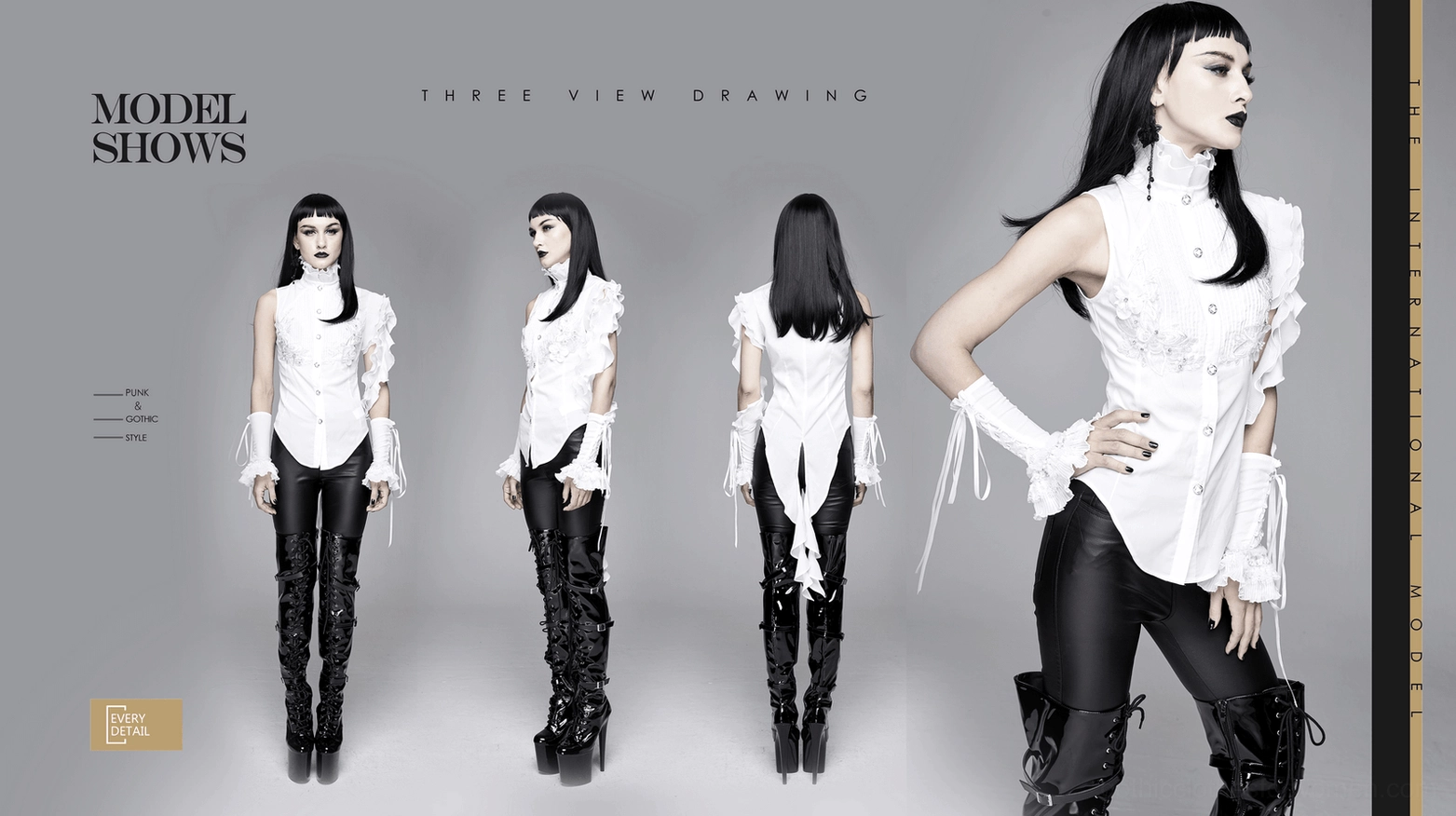 Complete size reference view of white gothic sleeveless blouse showing proportions and styling versatility options