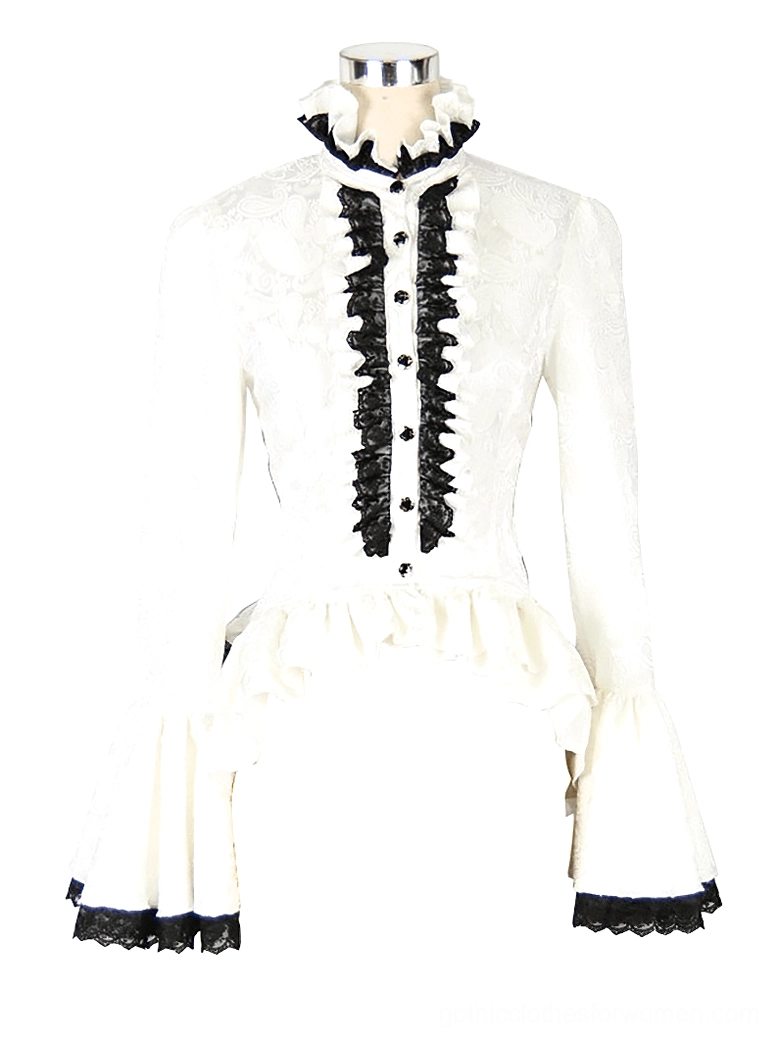 White gothic blouse on dress form mannequin showing full silhouette with black lace placket, flared sleeves, and jacquard weave texture