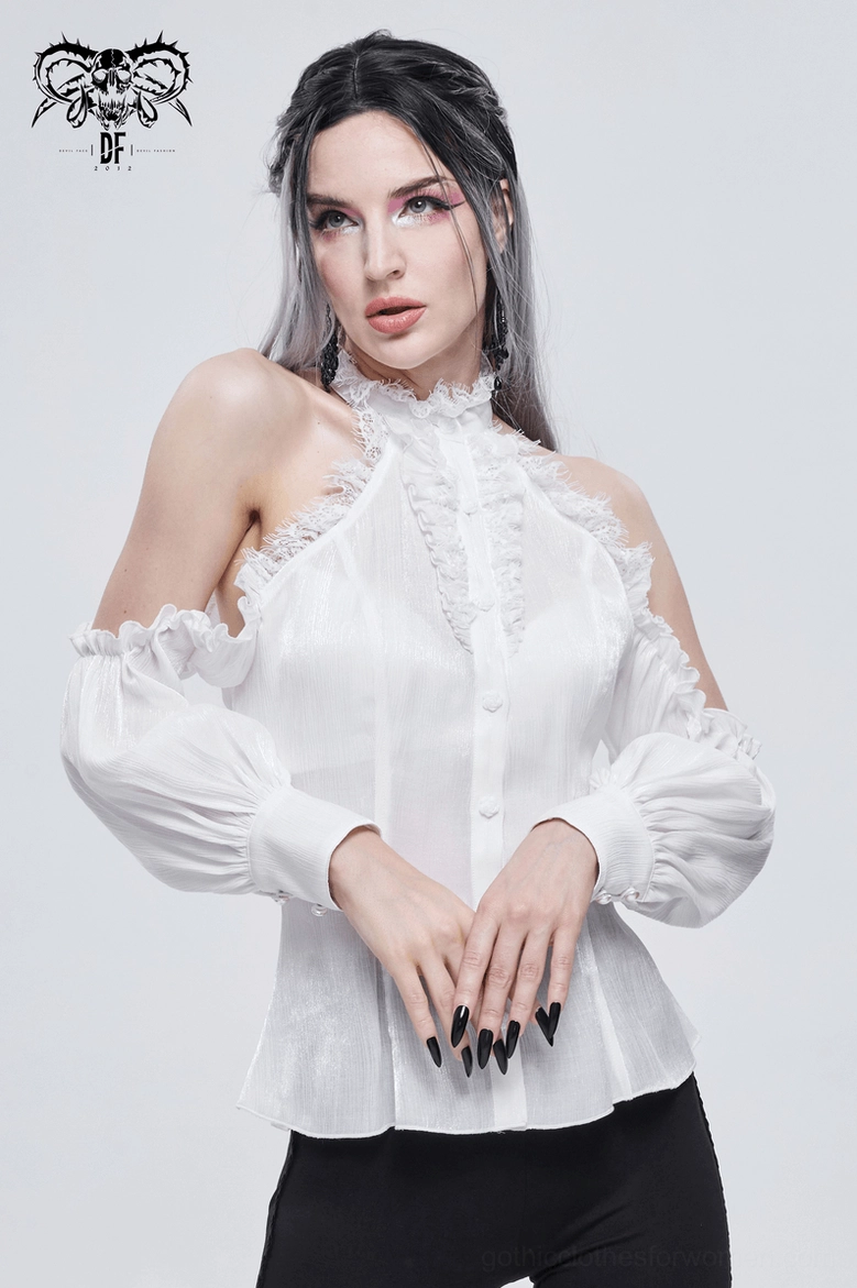 Detailed view of white gothic blouse showing lace insert placement, off-shoulder cut accuracy, and ruffled collar elevation