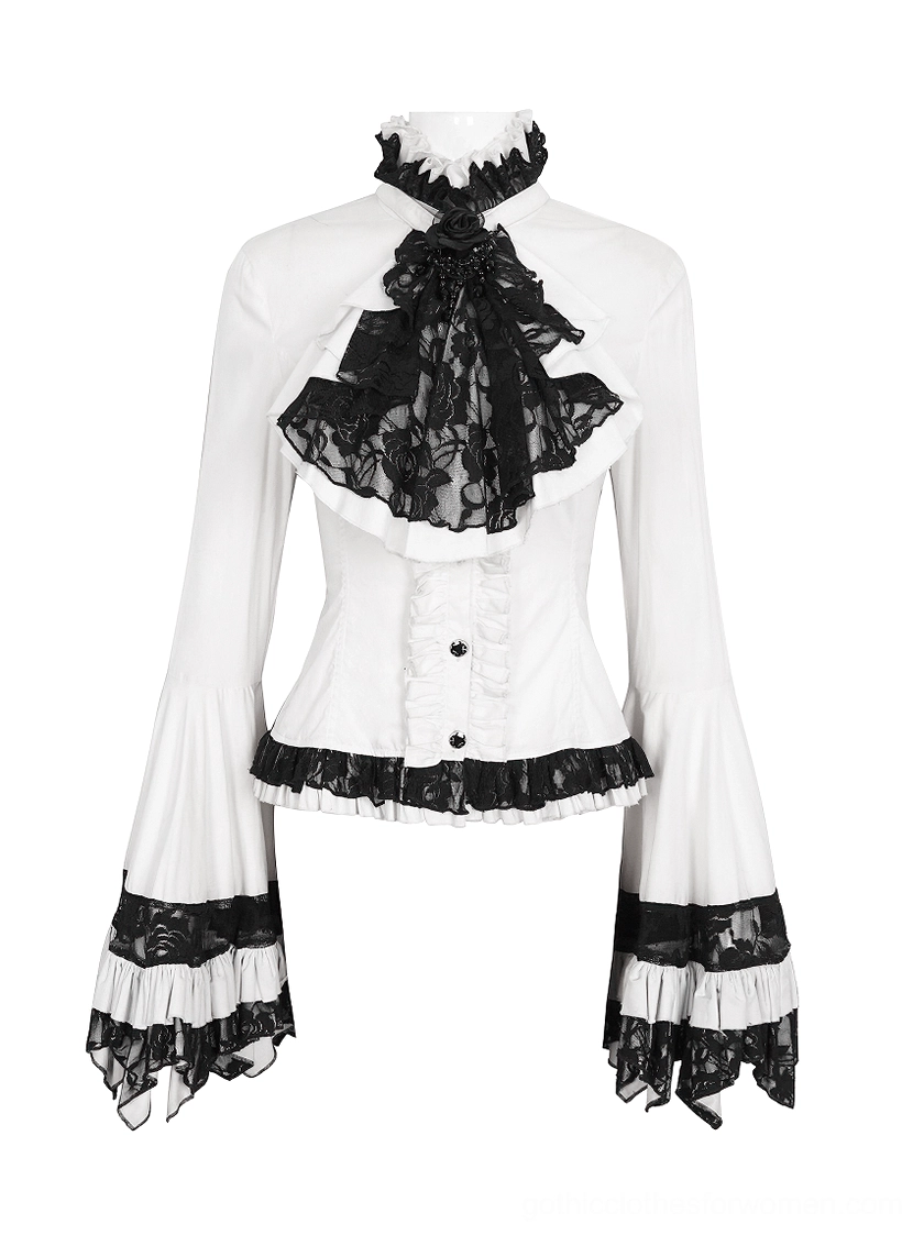 Rear flat view of white gothic blouse showing detachable black lace jabot and lace-trimmed flared sleeves on mannequin display