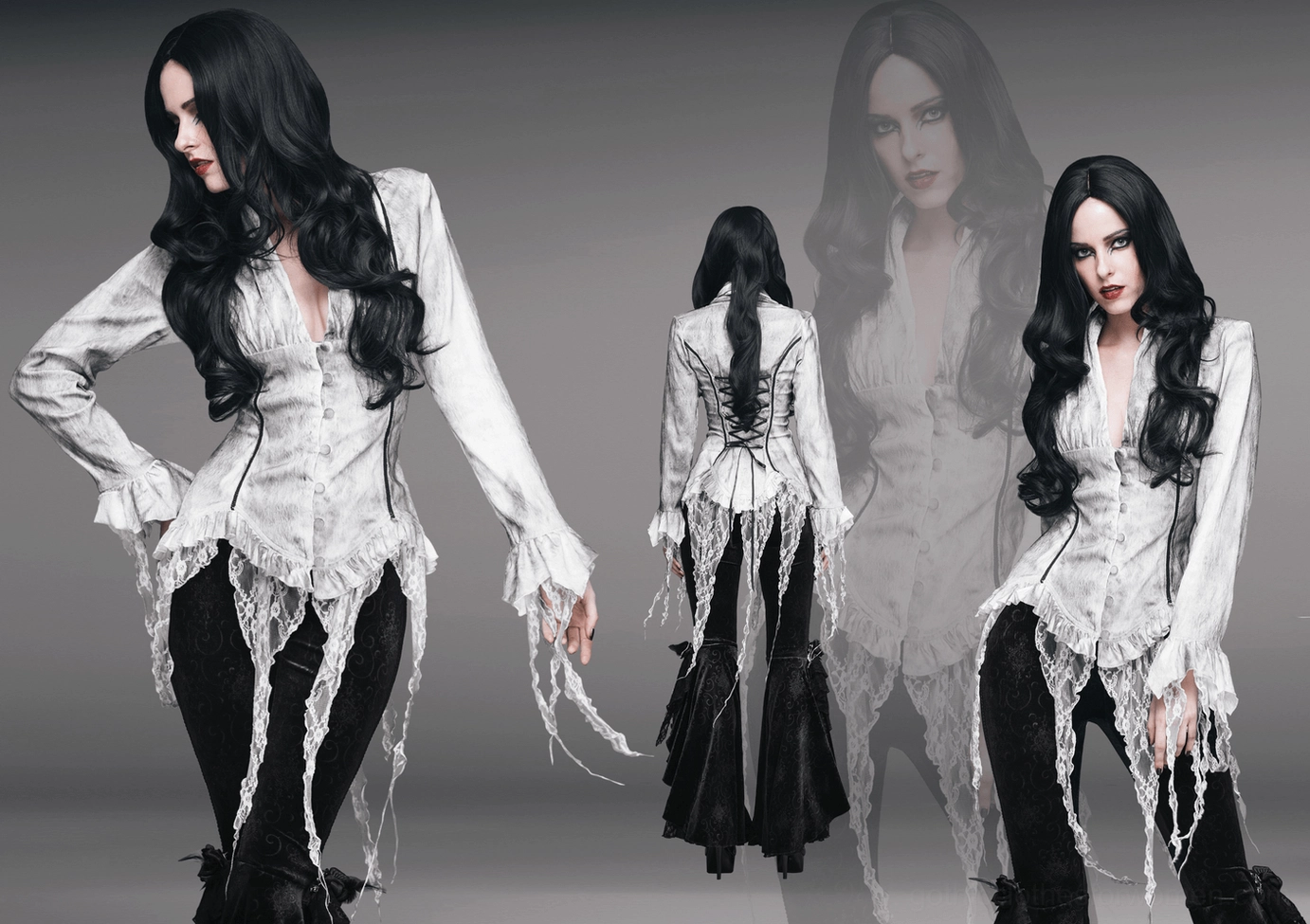 White gothic blouse side detail showing black trim piping and refined sleeve fit