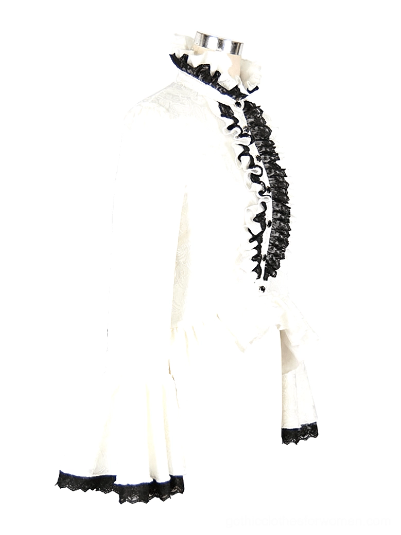 Three-quarter front view of white gothic blouse on mannequin with black lace ruffled placket and flared lace-trimmed cuffs