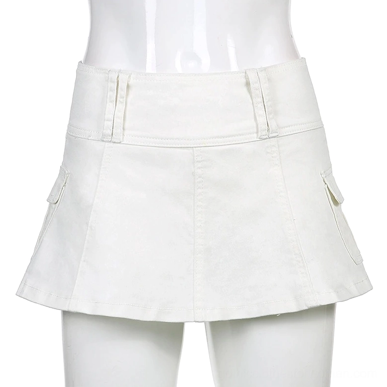 White high-waist cargo mini skirt front flat view on mannequin with visible cargo pocket design