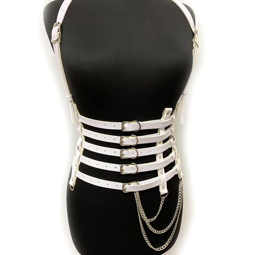 White PU leather chest harness front view on mannequin displaying adjustable shoulder straps and silver chain accents