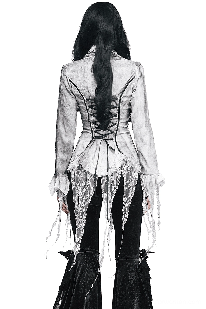 Gothic white chiffon blouse back view showing functional lace-up corset back design and tattered hem