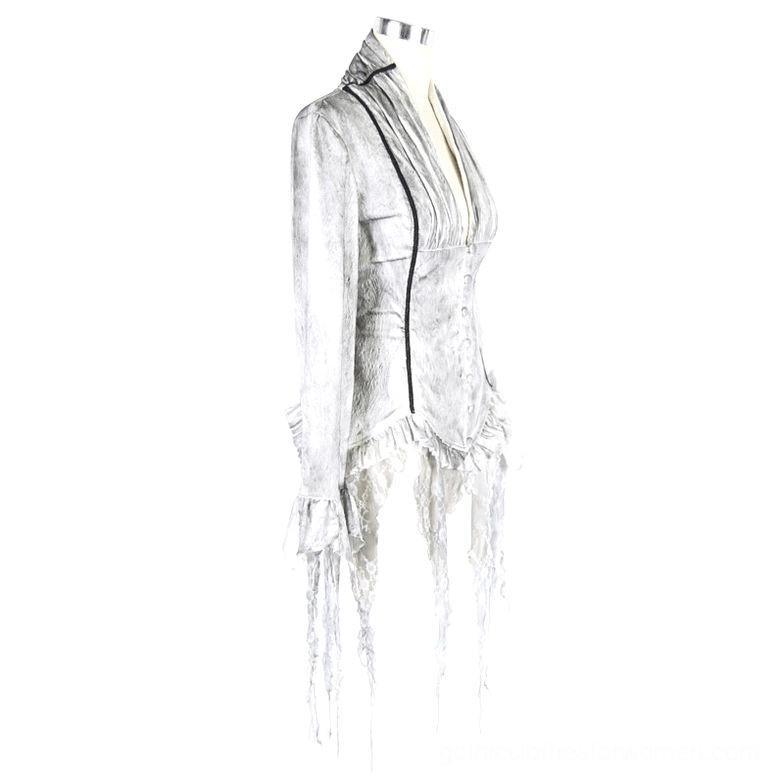 White gothic blouse three-quarter side view showing distressed frayed cuff and slim silhouette