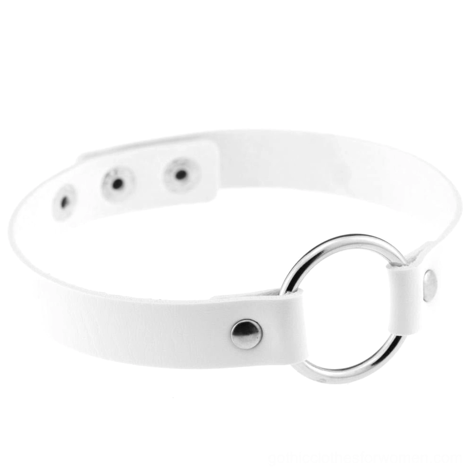 White PU leather gothic choker with metal O-ring detail, adjustable neck jewelry