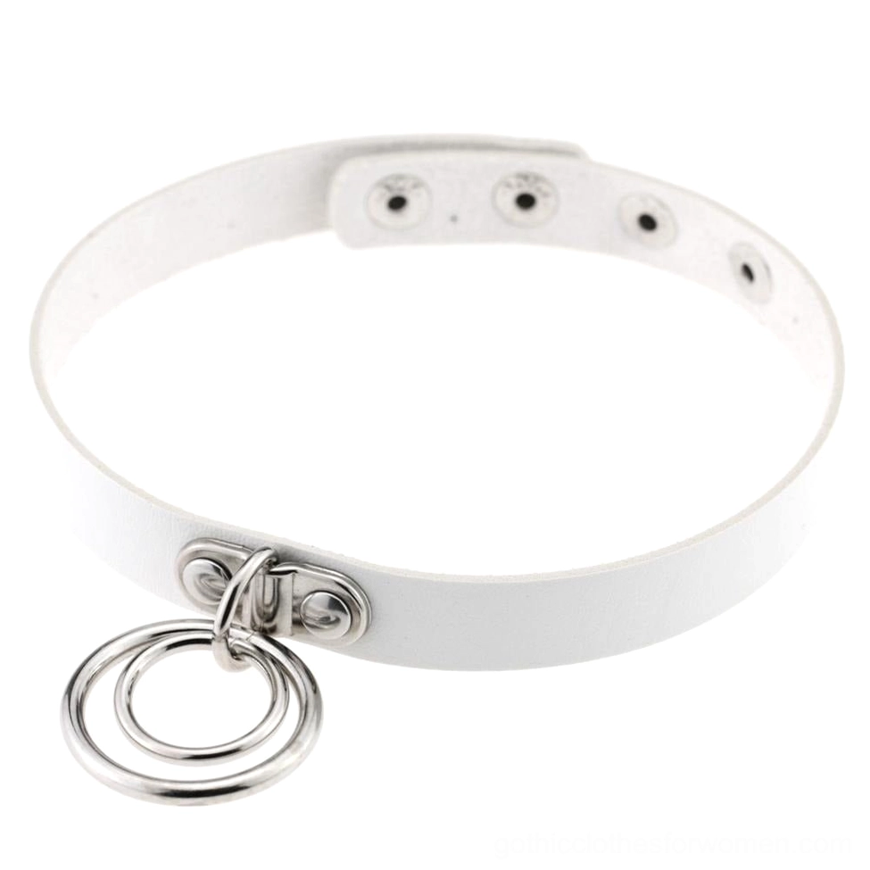 White adjustable PU leather gothic choker with metal rings, minimalist goth jewelry