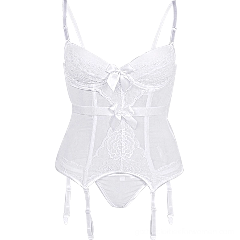 White gothic sheer corset bustier with lace accents and bow details, elegant front view