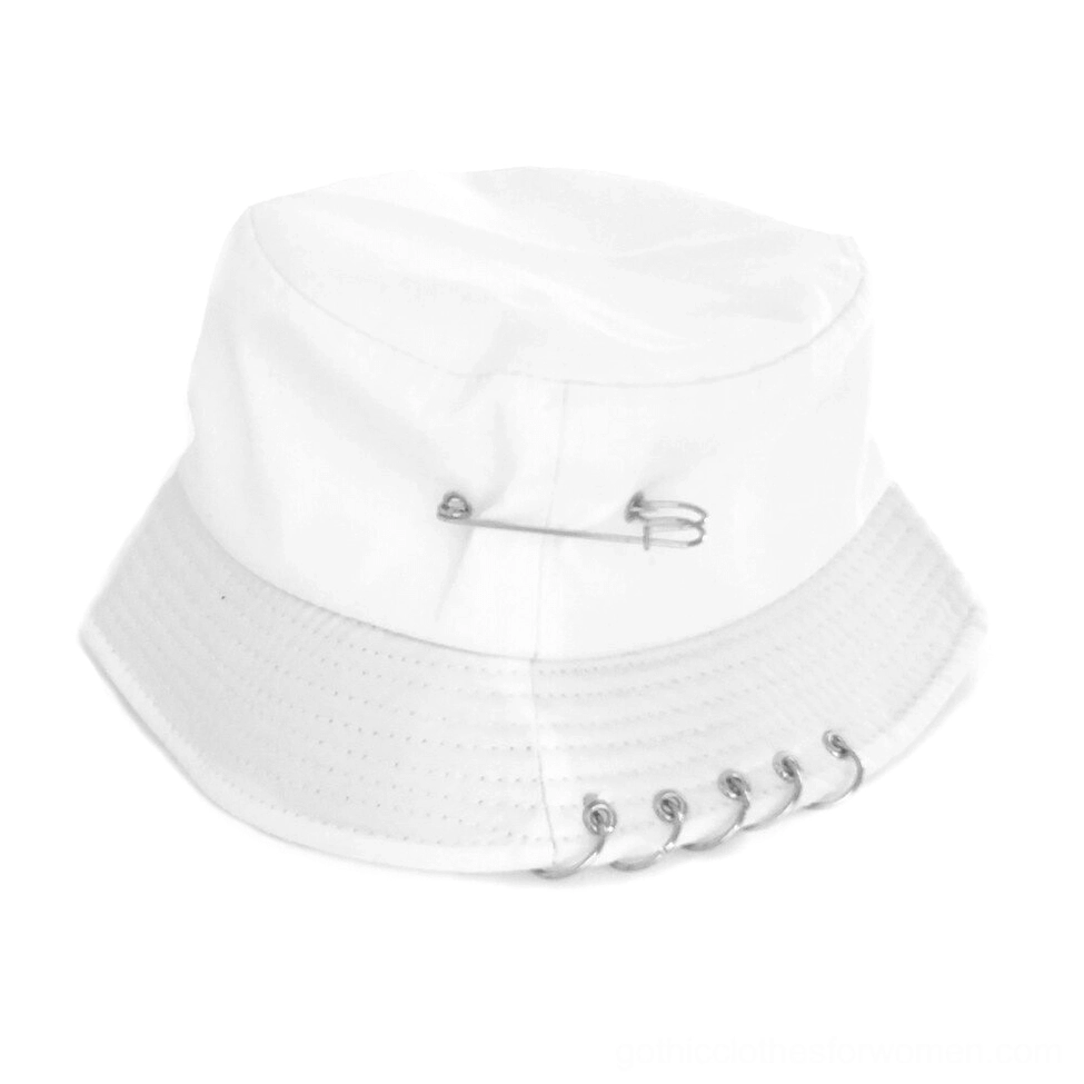 White cotton gothic bucket hat featuring metal safety pin crown and ring trim decoration, front overhead shot