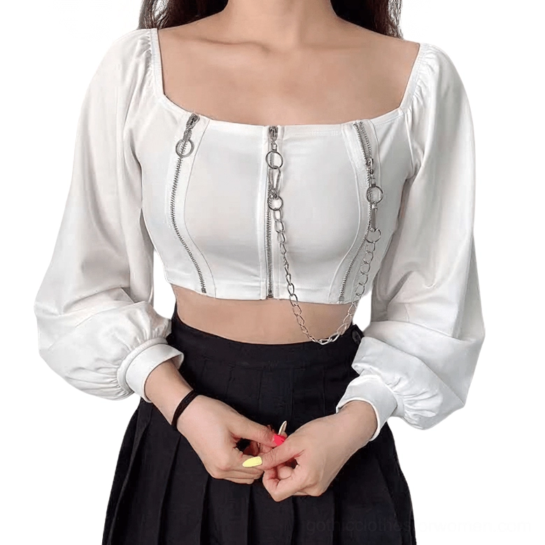 White gothic off-shoulder crop top with zipper and chain embellishment, front studio view