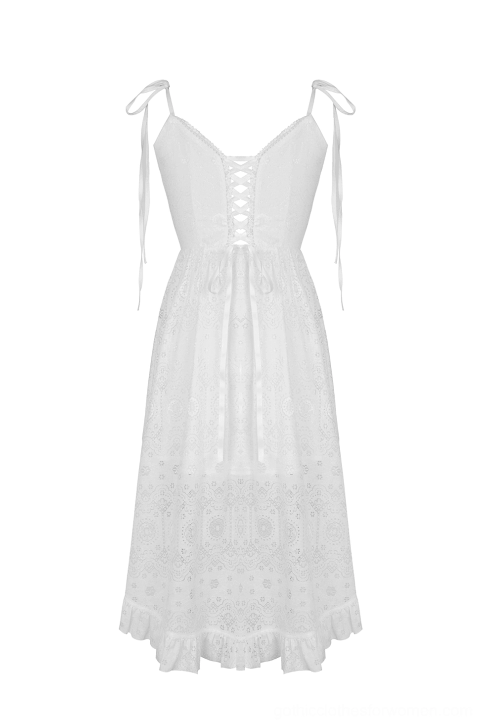 White gothic lace midi dress flat lay back view featuring tie-up lace back closure and ruffled hemline