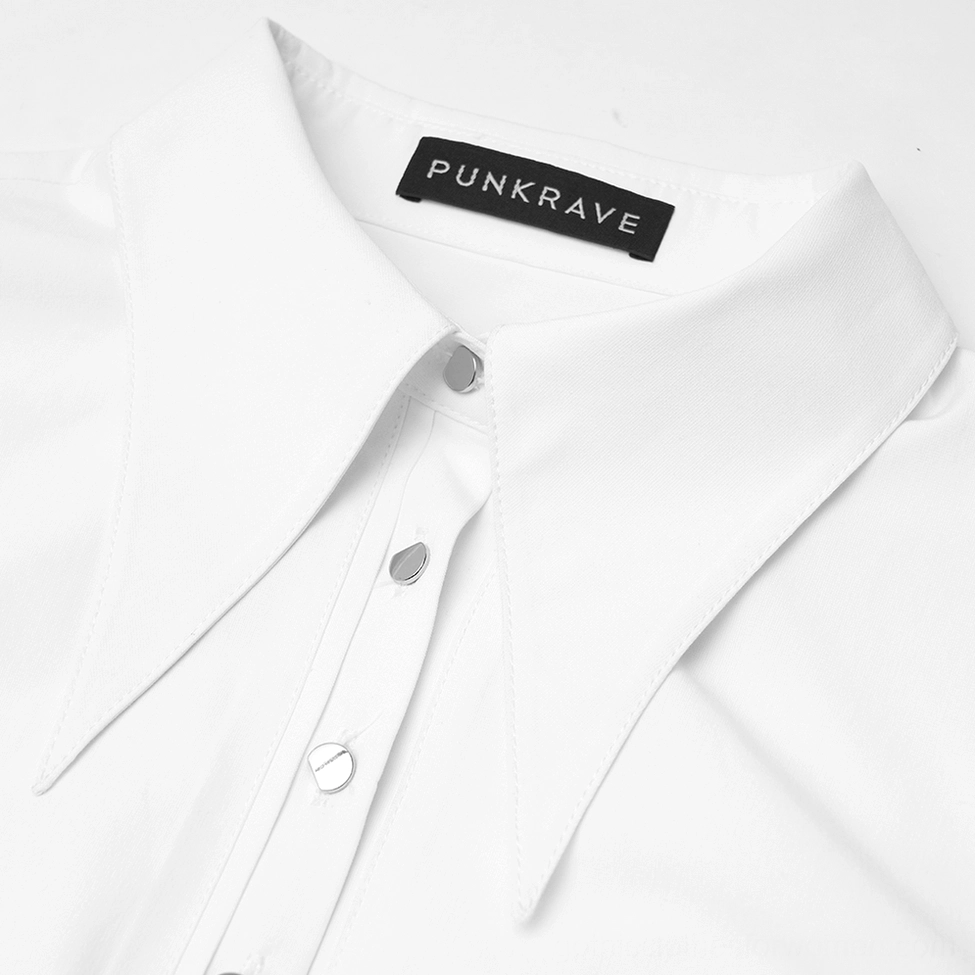Collar and placket close-up of white gothic shirt dress, showing sharp pointed collar, metal buttons, and brand label detail