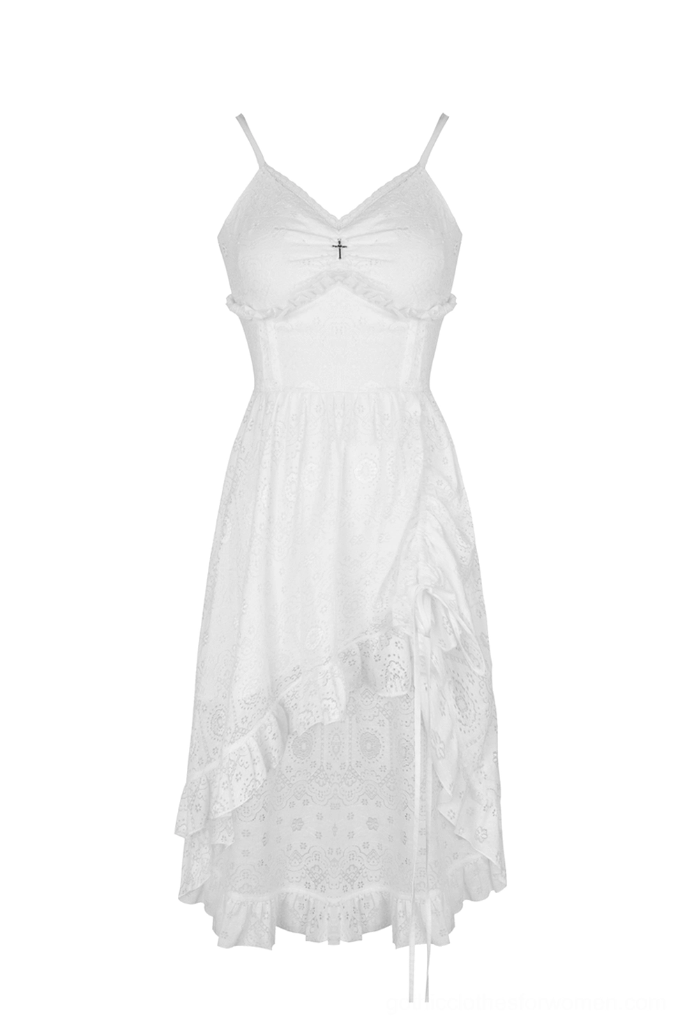 White lace gothic midi dress flat lay front view detail showing cross chest ornament and ruffled straps