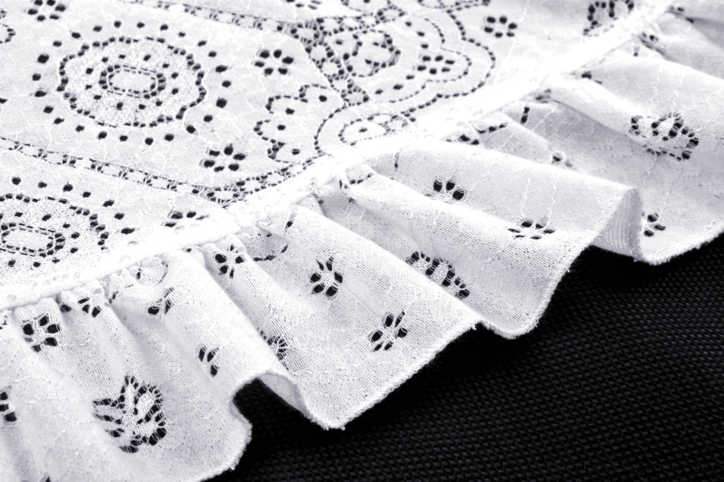 Flat close-up detail of white lace gothic dress displaying ruffled hem and intricate floral eyelet embroidery