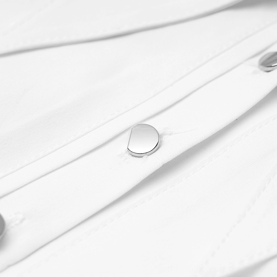Metal round placket button detail on white gothic shirt dress, displaying precise fabric stitching and high-quality construction