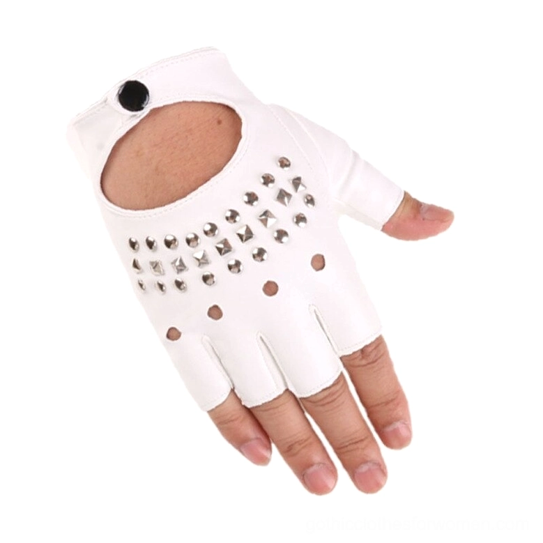 White studded fingerless gloves with silver studs on mannequin hand