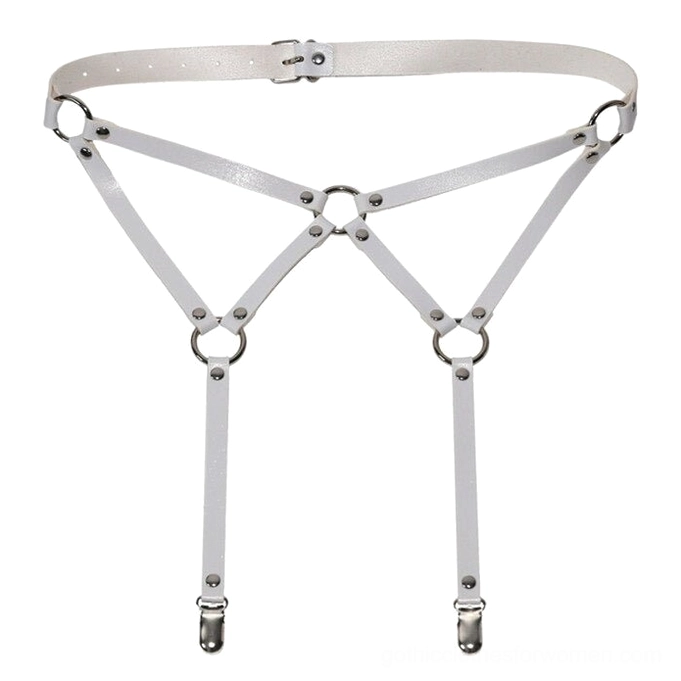 White gothic body harness flat lay, front view showing off-white synthetic leather and silver hardware attachments