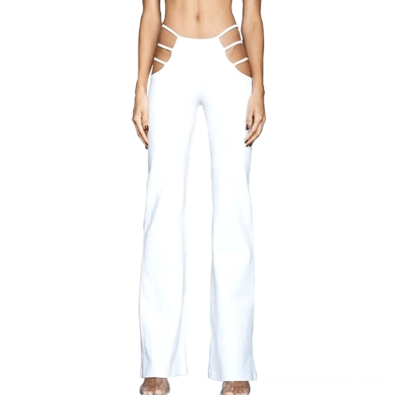 White pure gothic high-waist hollow-out pants with side cutout details, full-body front view