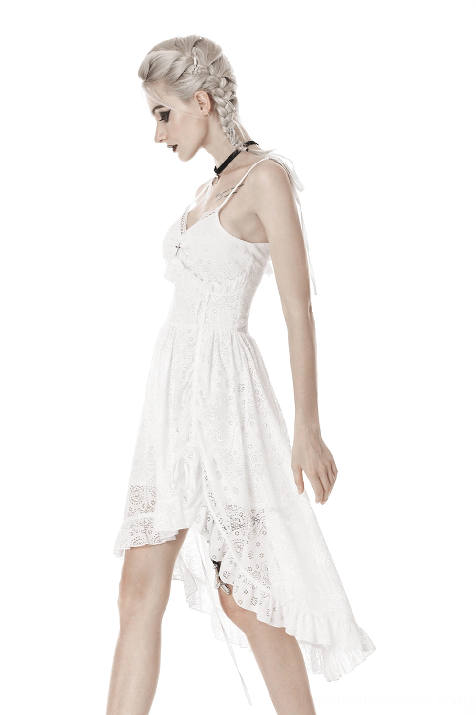 White gothic lace midi dress styled shot showing overall silhouette, lace overlay, and romantic goth aesthetic