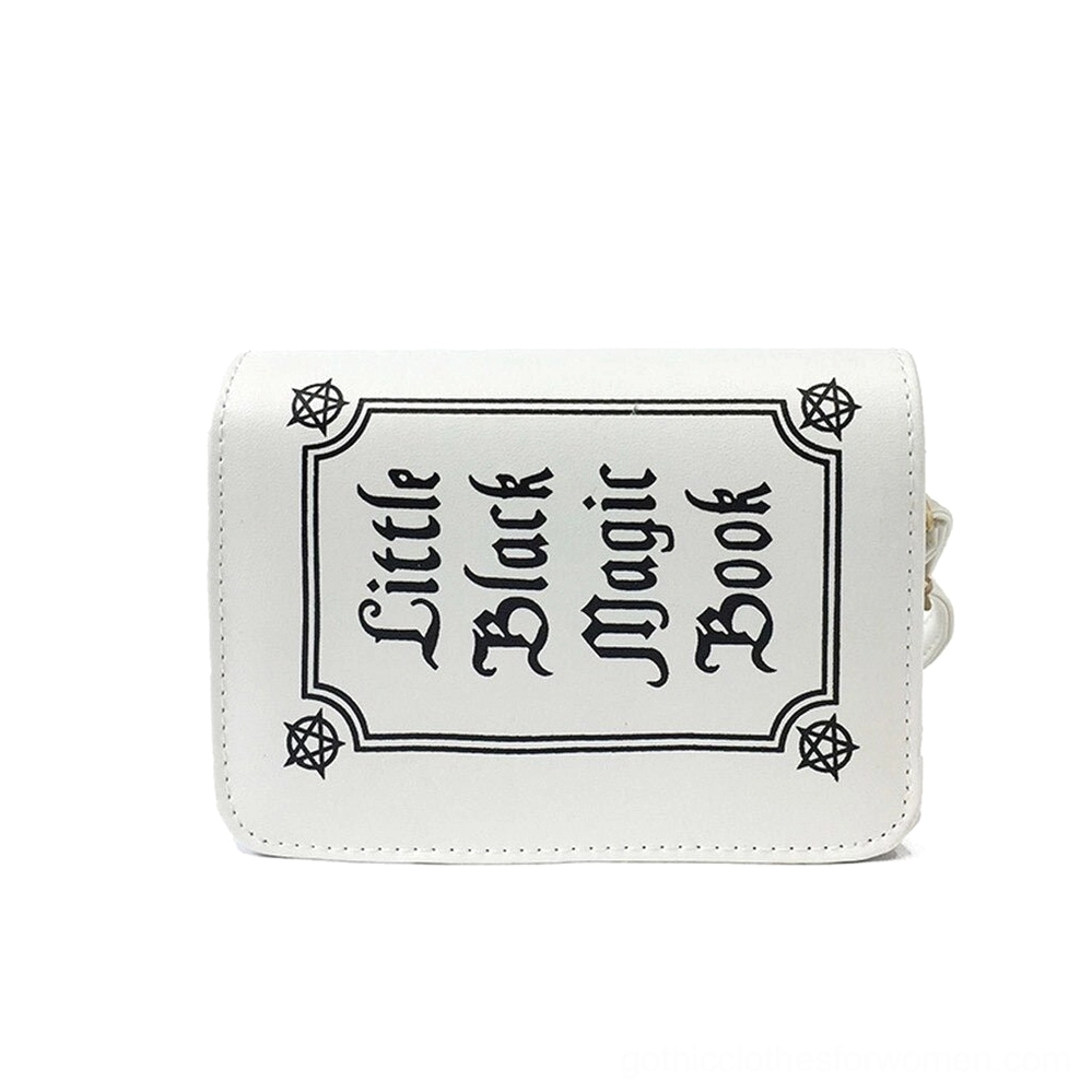 White gothic crossbody shoulder bag with reversed black letter printing and alternative aesthetic design