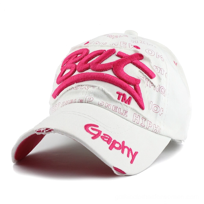 White base gothic letter snapback cap with pink 3D embroidery and frayed fabric