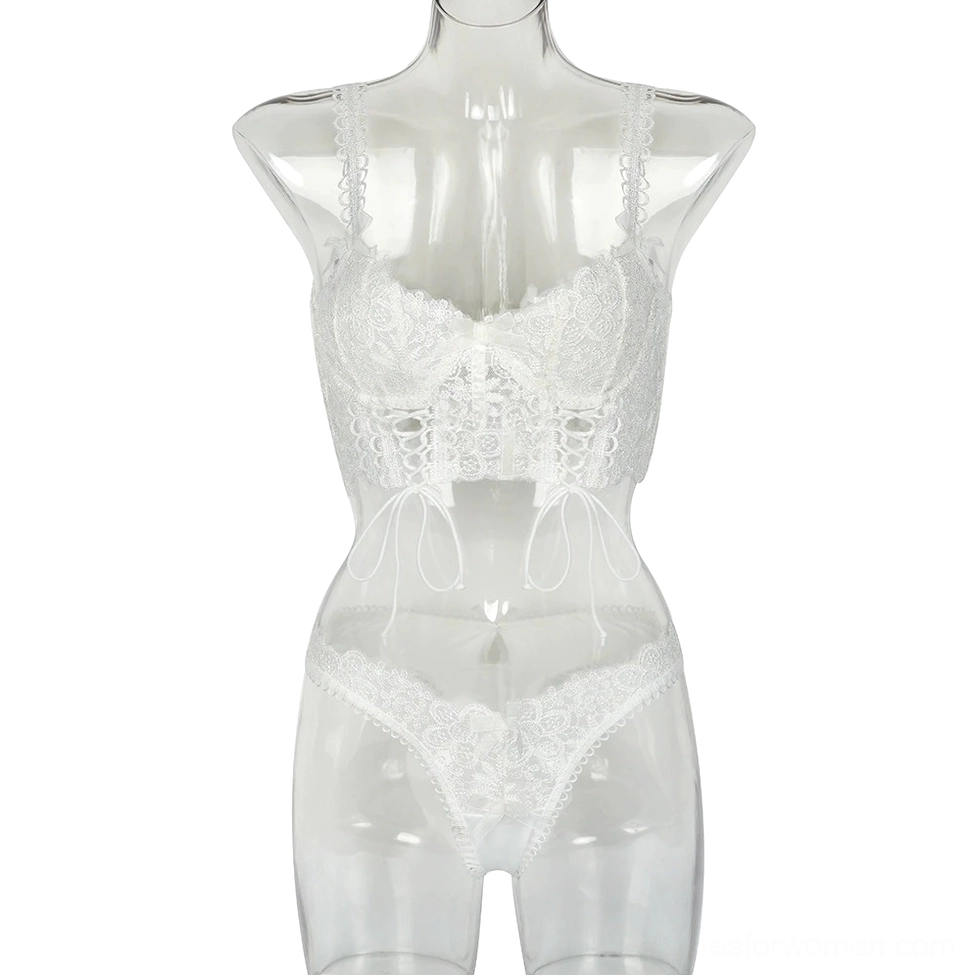 White gothic lace lingerie set on mannequin front view with bow decoration and scalloped trim