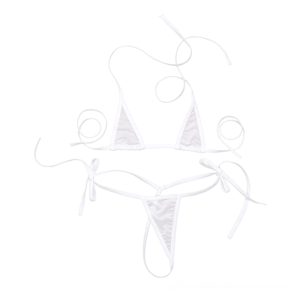 White sheer mesh bikini lingerie set flat lay, unassembled bra and thong with loose tie straps, gothic minimalist style