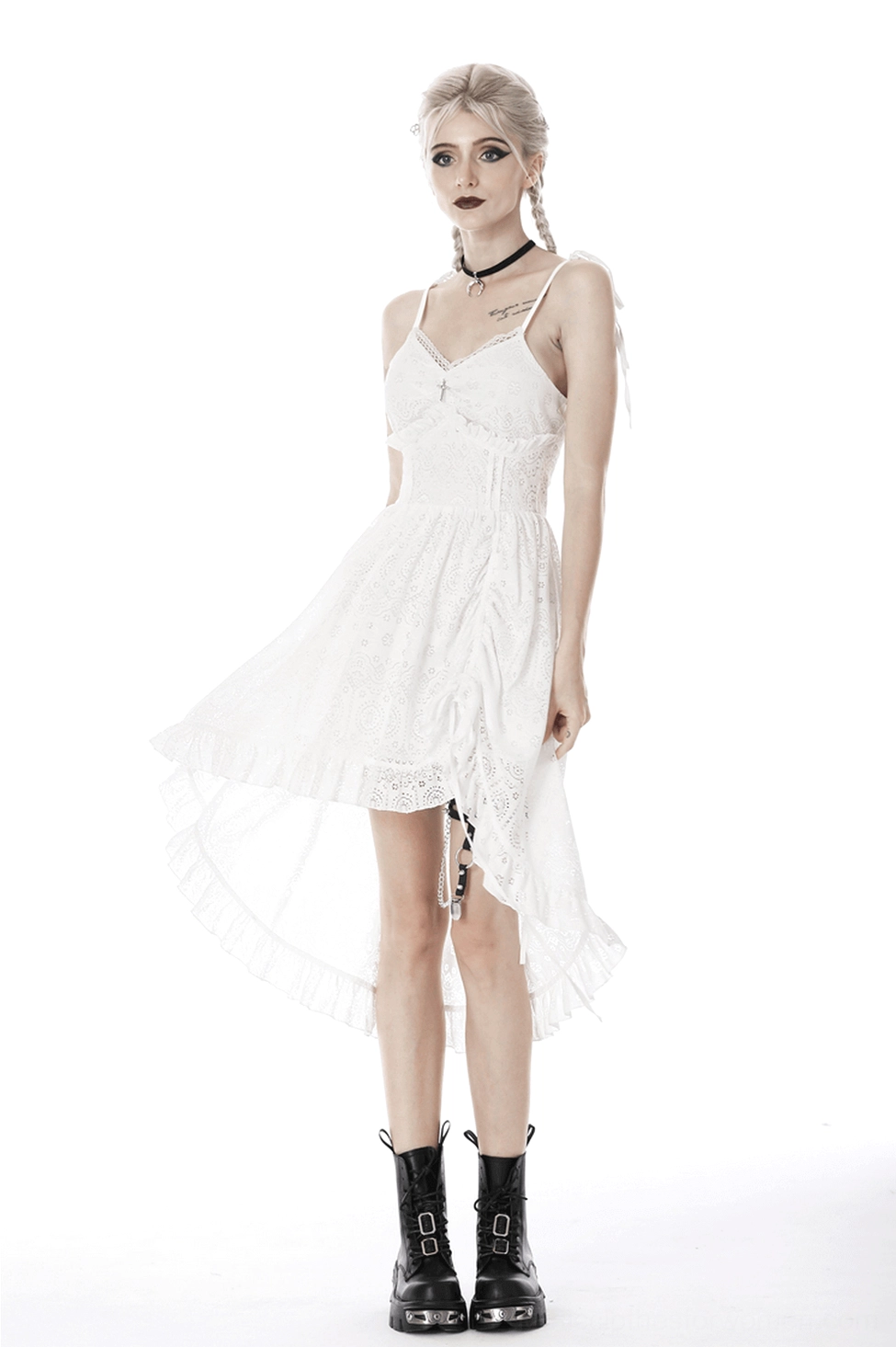 White lace gothic midi dress lifestyle photo featuring alternative fashion styling and dark aesthetic elements