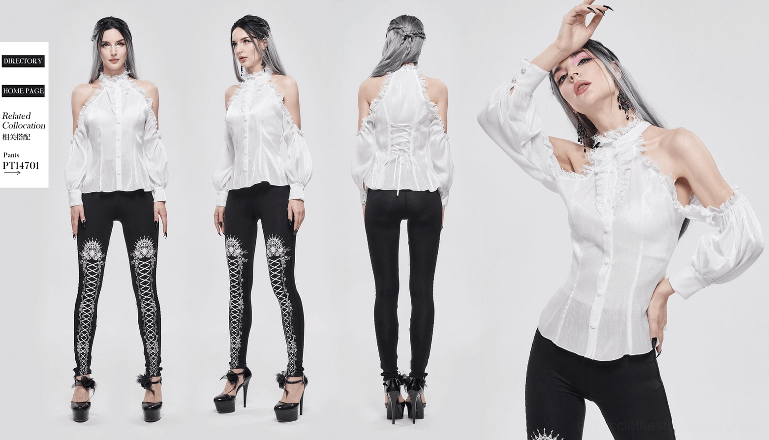 Comprehensive view of white gothic off-shoulder blouse demonstrating complete design elements including sleeves, collar, and lace integration
