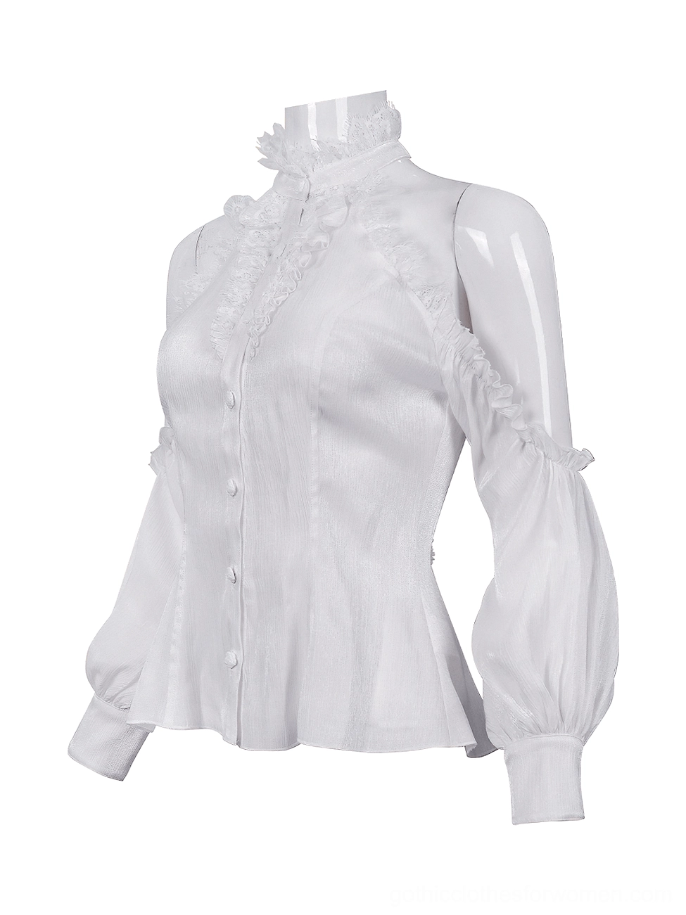 Mannequin display of white gothic off-shoulder blouse featuring ruffled shoulder trim detail and delicate lace inserts, showing full silhouette and sleeve volume