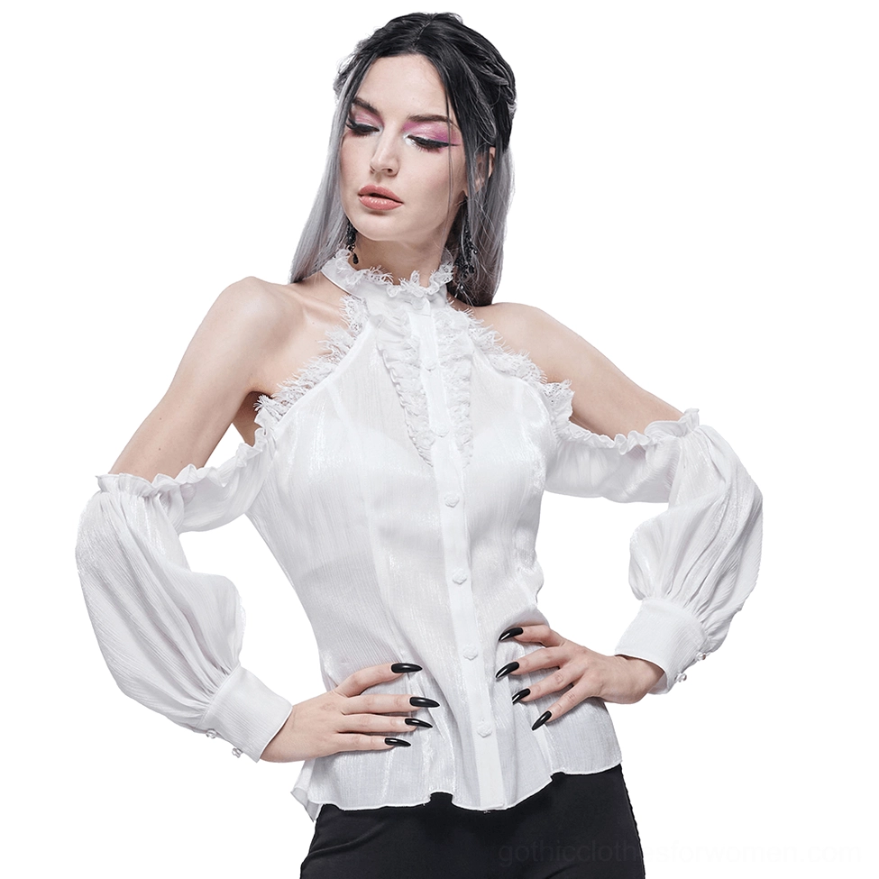 Additional styling view of white gothic off-shoulder lace blouse showcasing overall silhouette and fabric drape with lace panel details