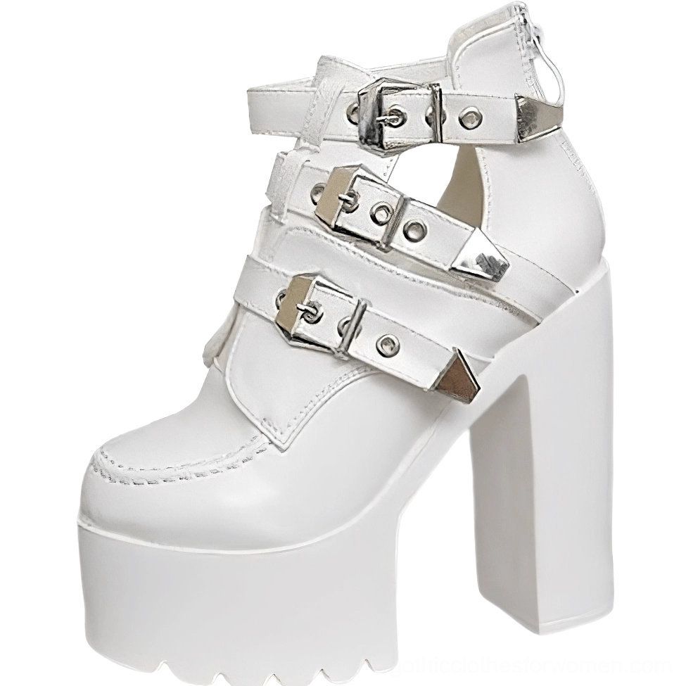 White alternative platform ankle boots with back zipper closure and polished metal buckle hardware - three-quarter left side studio view