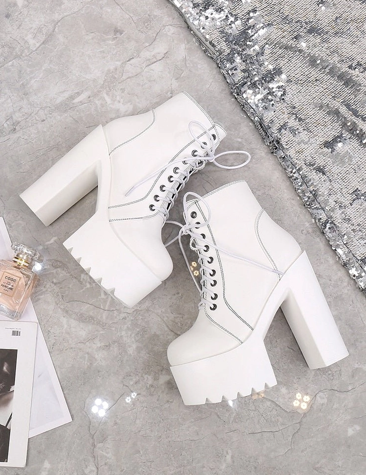 White lace-up gothic platform ankle boots with chunky high heel and thick platform sole
