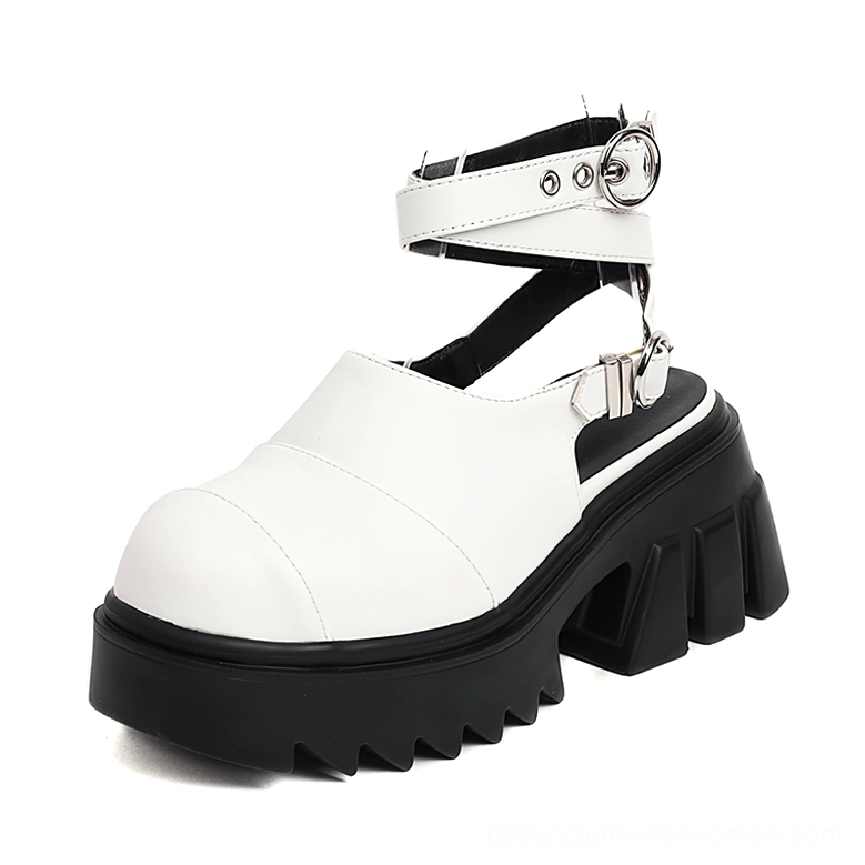 White gothic platform sandals with black lug sole and metal buckle closure - alternative fashion footwear