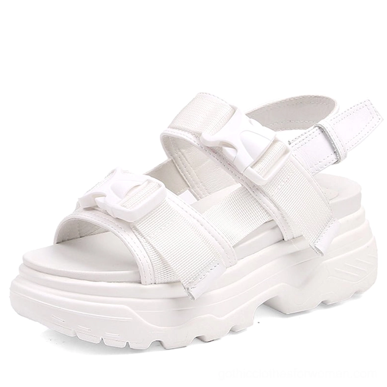 White alternative fashion platform sandals with nylon straps and adjustable buckles, front close-up