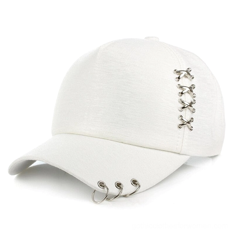 White gothic metal ring baseball cap with three silver cross ring details on brim