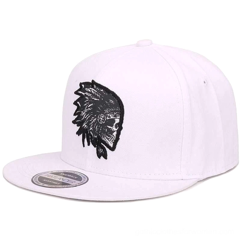 White gothic skull snapback baseball cap with black embroidered skull logo front view