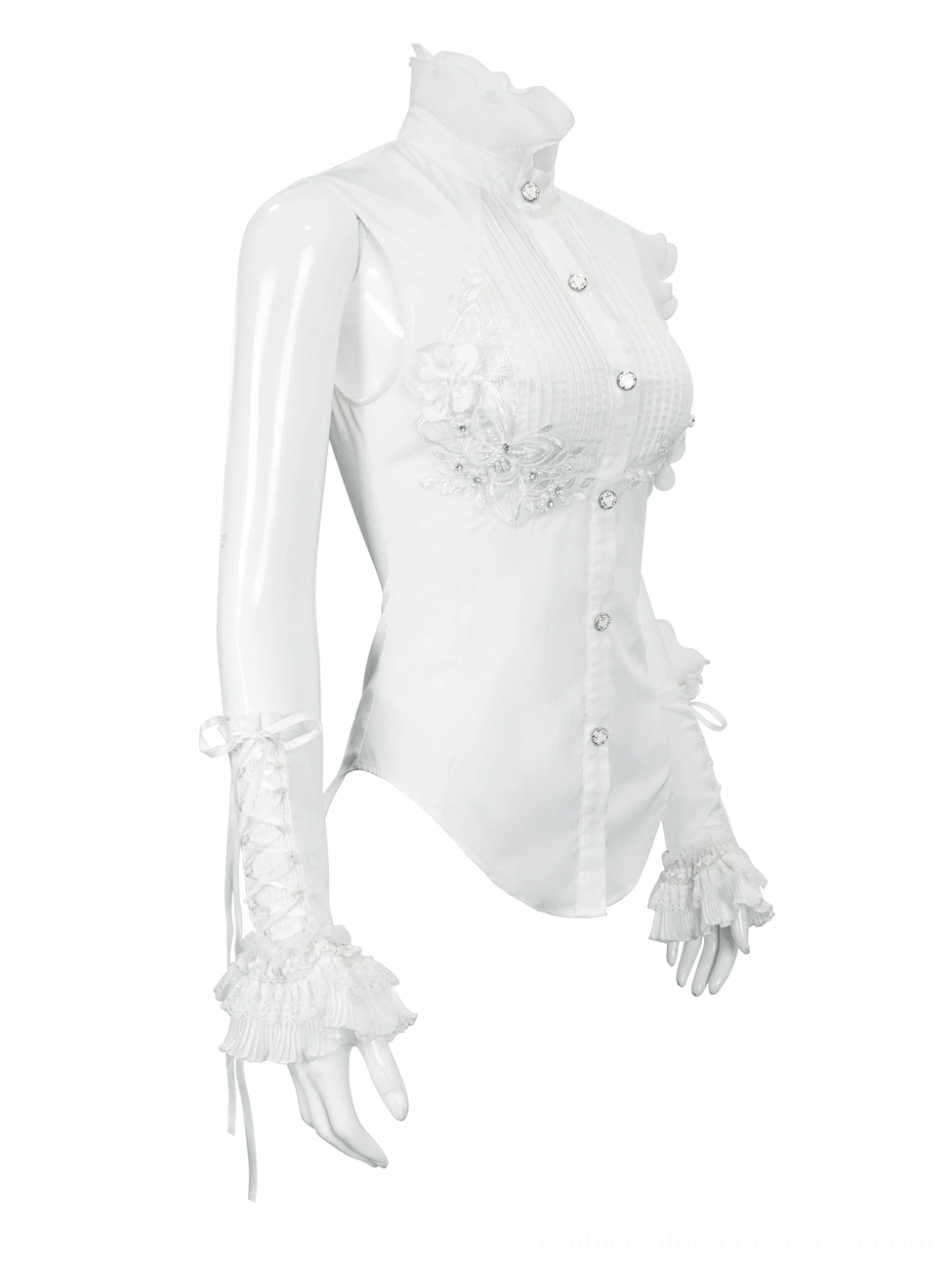 White sleeveless gothic blouse front view on mannequin displaying floral chest embroidery and button closure