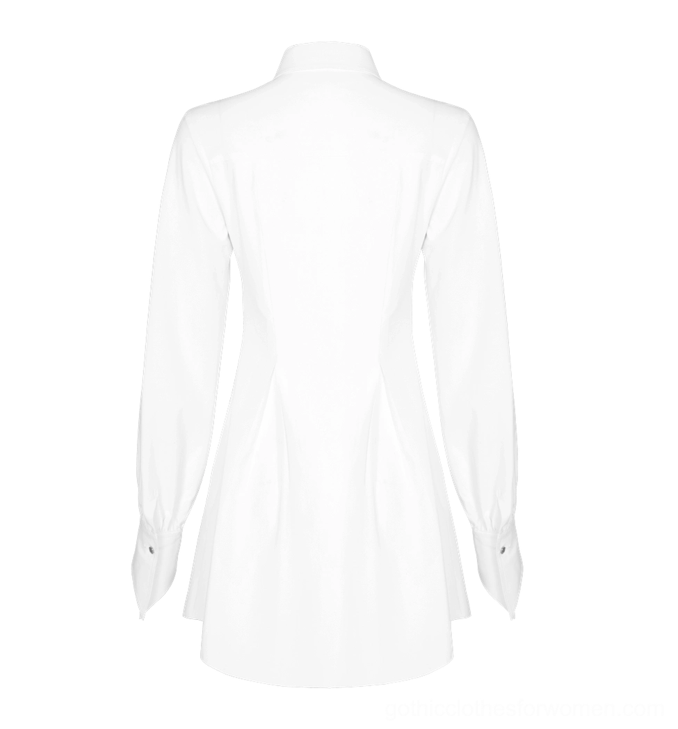 White gothic dress back flat lay view, displaying fitted back design, seam details, buttoned cuffs, and architectural hem construction