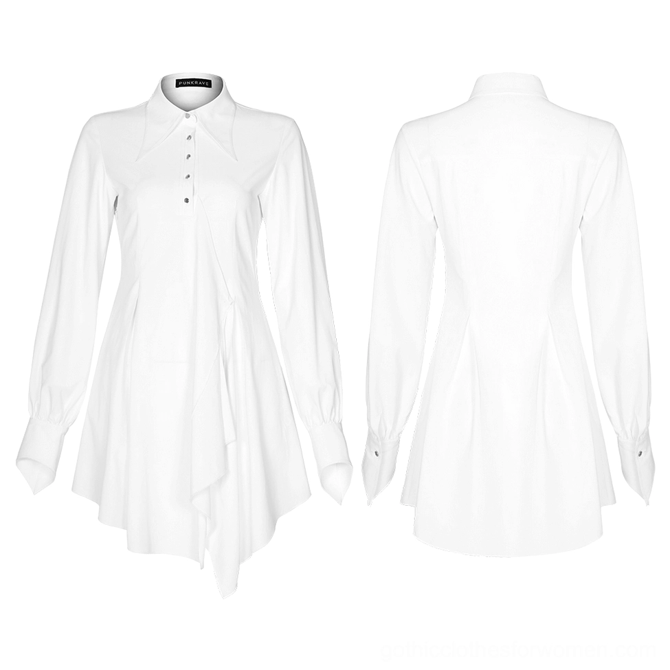 White gothic shirt dress front and back product display, showing pointed collar, half-button placket, and asymmetrical swallowtail hemline details