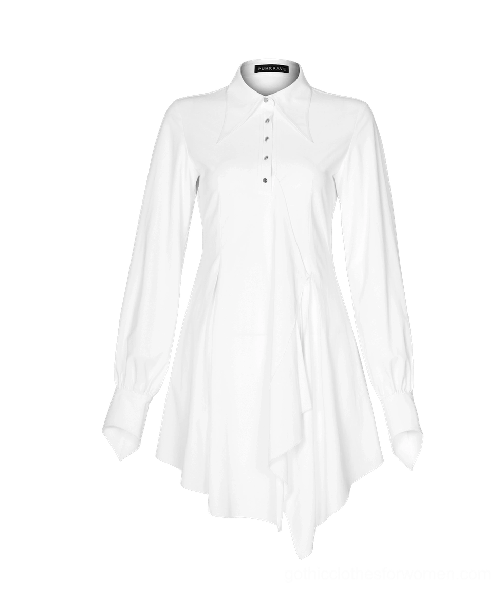 White gothic long-sleeve shirt dress flat lay front view, highlighting fitted silhouette, buttoned cuffs, and dramatic asymmetrical hemline construction