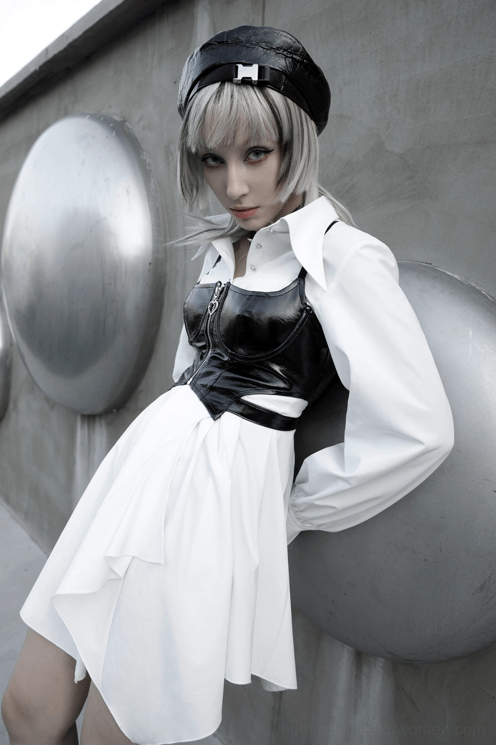 Full-length white gothic swallowtail shirt dress product shot highlighting overall silhouette, sleeve length, and dramatic hem architecture