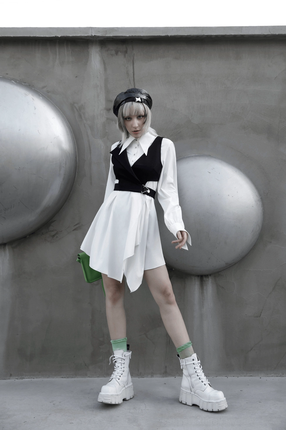 White gothic swallowtail shirt dress complete product view on model, perfect for alternative fashion and gothic subculture styling