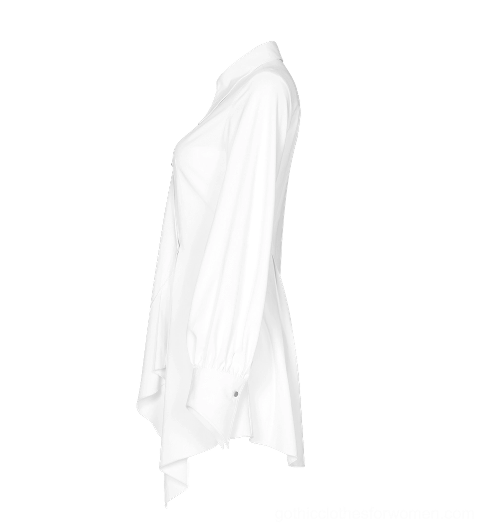 White gothic swallowtail dress side flat lay view, showcasing curved asymmetrical hem, flowing fabric, and tailored side seams