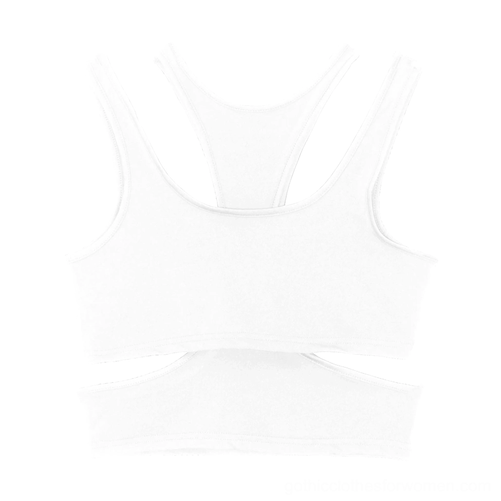 White gothic cropped tank top angled flat lay view, double-layered cutout design with cropped hemline